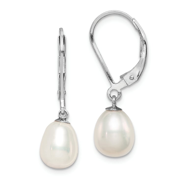 Rhodium Over Sterling Silver 7-8mm White Freshwater Cultured Pearl
Leverback Earrings