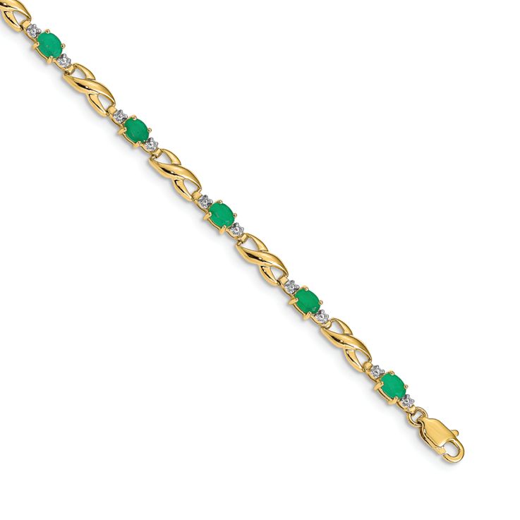 10k Yellow Gold and Rhodium Over 10k Yellow Gold Diamond and Oval
Emerald Bracelet