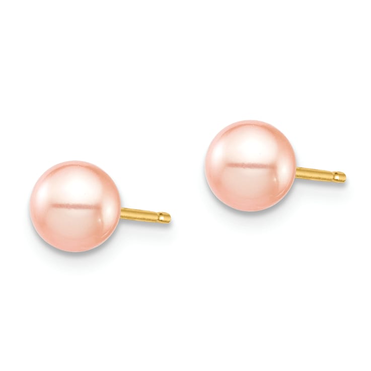 14K Yellow Gold 5-6mm Pink Round Freshwater Cultured Pearl Stud Post Earrings