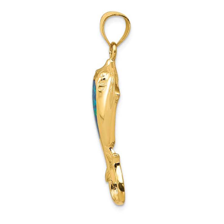 14k Yellow Gold Polished Lab Created Blue Opal Stingray Pendant