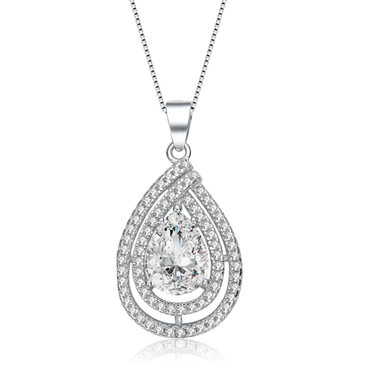 Pear Shape CZ Outline Pendant Necklace In Sterling Silver