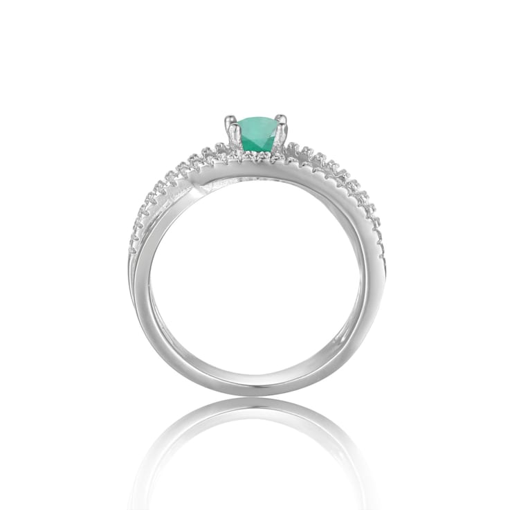 Round Emerald with White Sapphire Accents Sterling Silver Crossover Open
Design Ring, 0.65ctw