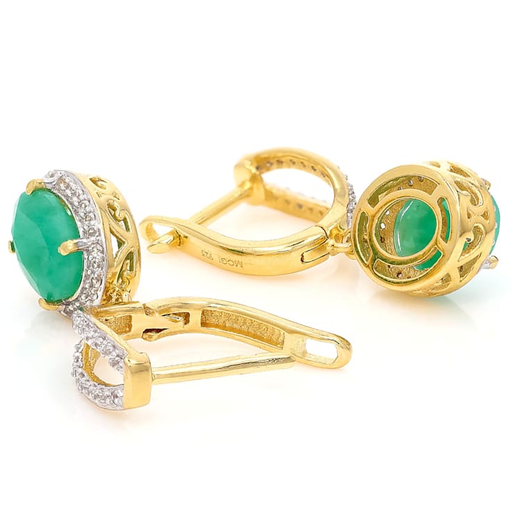 Emerald And Zircon Drop Earrings In 18K Gold Over Sterling Silver