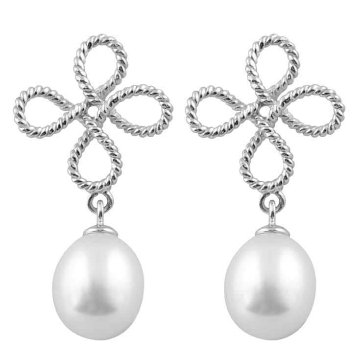 7½-8mm White Cultured Freshwater Pearl Rhodium Over Sterling Silver Earrings