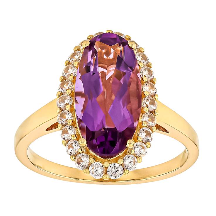 Amethyst Oval And White Zircon Ring In 18K Gold Over Sterling Silver 3.02ctw