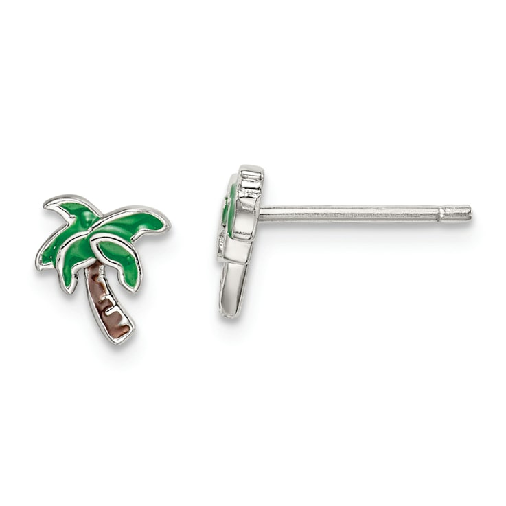 Rhodium Over Sterling Silver Enameled Palm Tree Post Earrings
