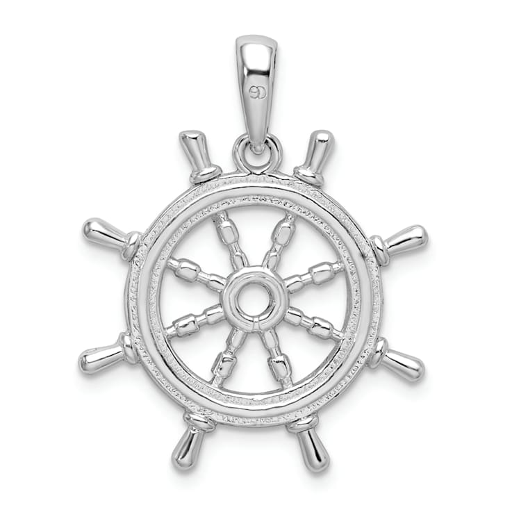 Rhodium Over Sterling Silver Polished Cut-out 3D Ships Wheel Pendant