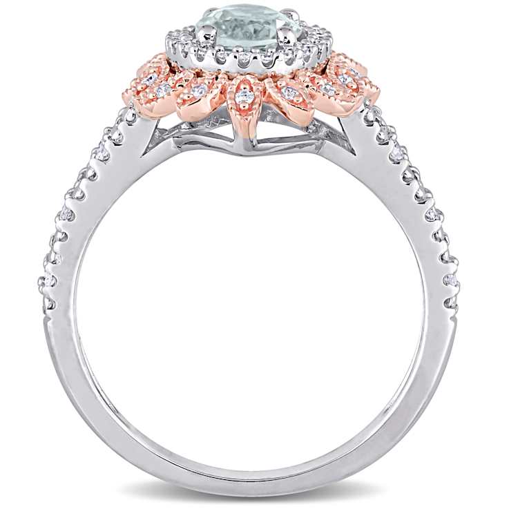 Aquamarine and Diamond 10K White and Rose Gold Shank Ring 0.93ctw