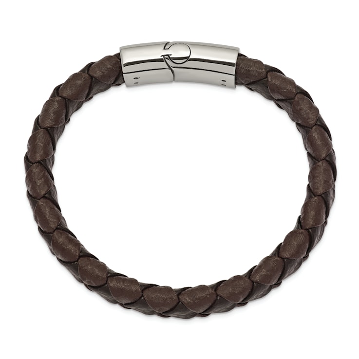 Black and Brown Leather and Stainless Steel Polished 8-in Bracelet
