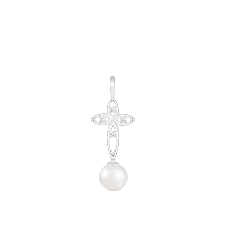 White Cultured Freshwater Pearl and Diamond 14K White Gold Pendant 6-6.5mm
