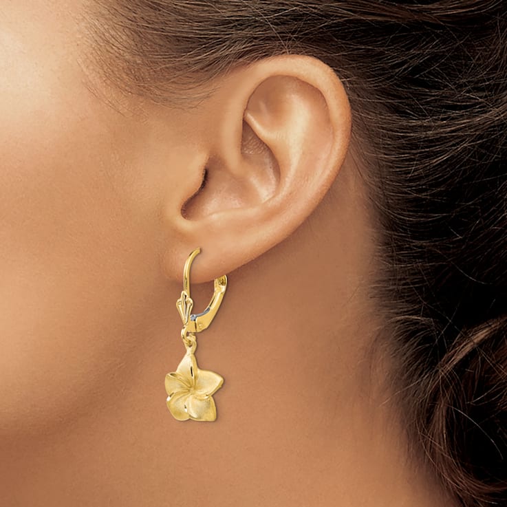14k Yellow Gold Satin and Diamond-Cut Plumeria Dangle Earrings