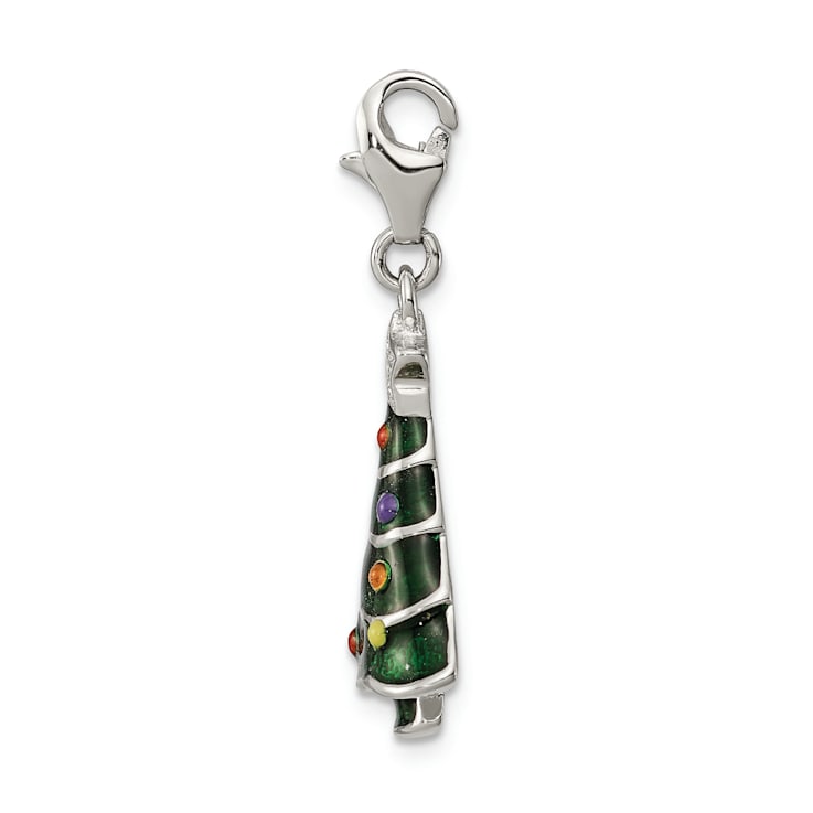 Rhodium Over Sterling Silver CZ and Enameled Christmas Tree Charm