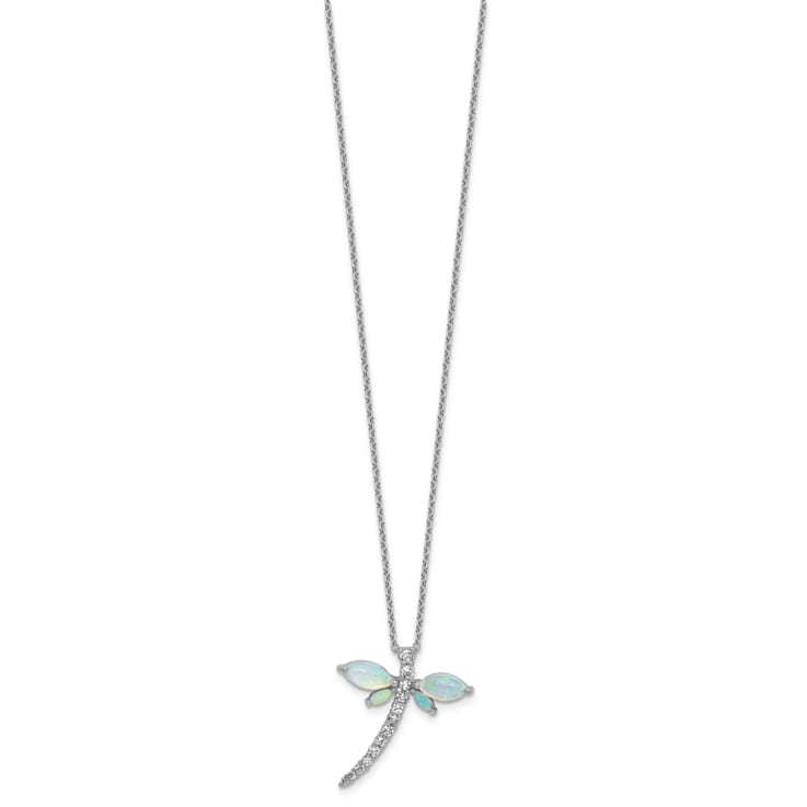 Rhodium Over Sterling Silver Lab Created Opal and Cubic Zirconia Dragonfly