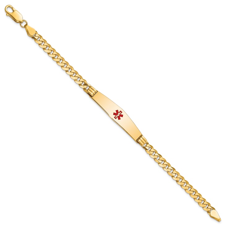 14k Yellow Gold Medical Soft Diamond Shape Red Enamel Curb Link ID Bracelet