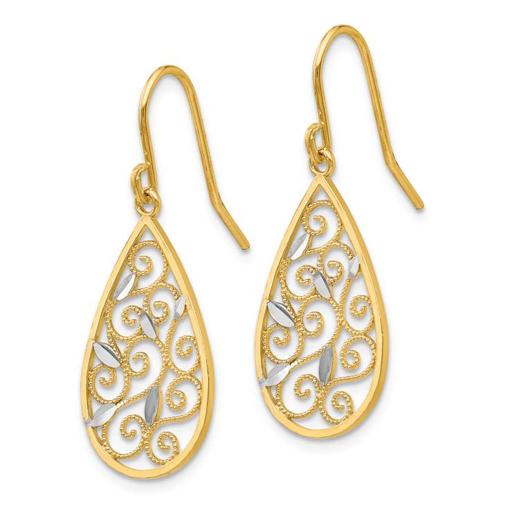 14k Two-tone Diamond-Cut Filigree Teardrop Wire Earrings