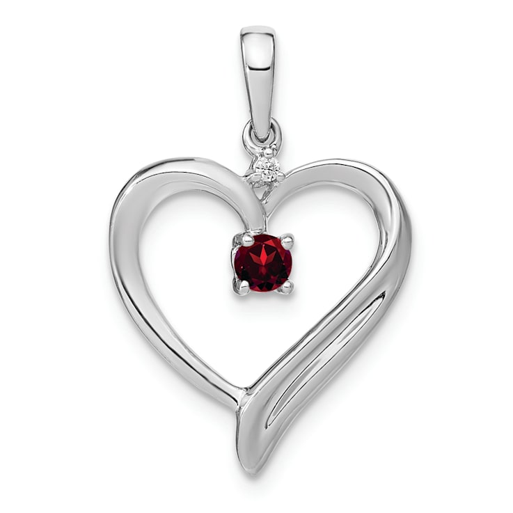 Rhodium Over 14k White Gold Garnet and Diamond Heart Pendant
