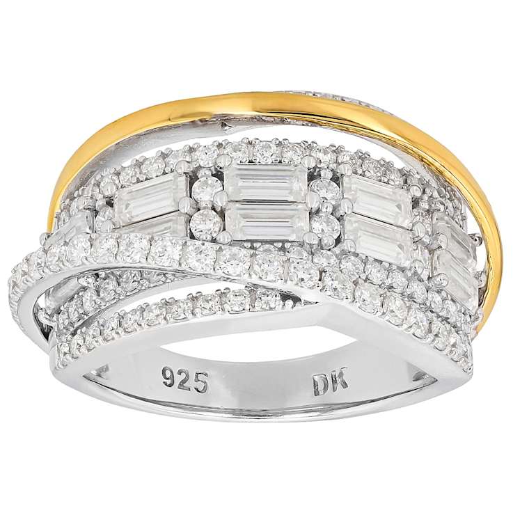 Two-Tone Moissanite Baguette And Round Crossover Ring In 14K Gold And
Platinum-Enhanced Sterling Silver 2.07ctw DEW