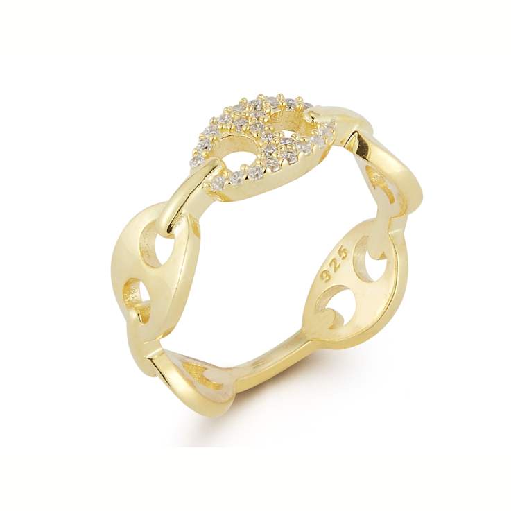Sterling Statements 14K Yellow Gold Over Sterling Silver Pave Mariner
Link Ring