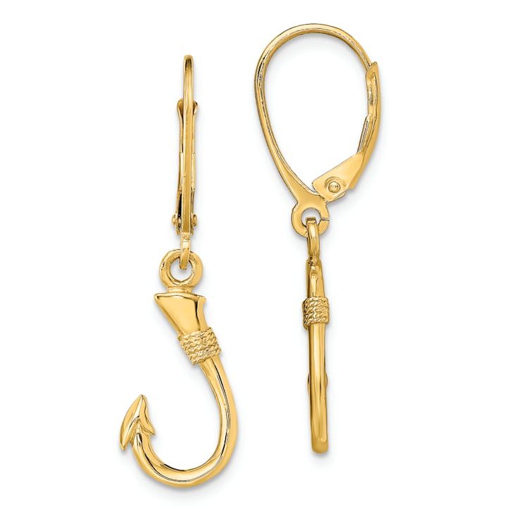 14k Yellow Gold 3D Fish Hook Dangle Earrings