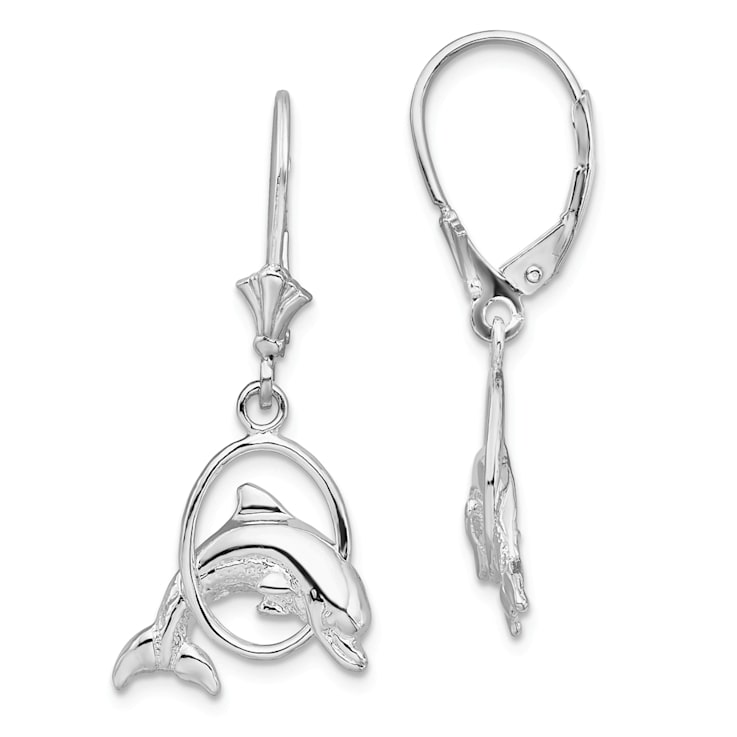 Rhodium Over Sterling Silver Dolphin in Hoop Leverback Earrings