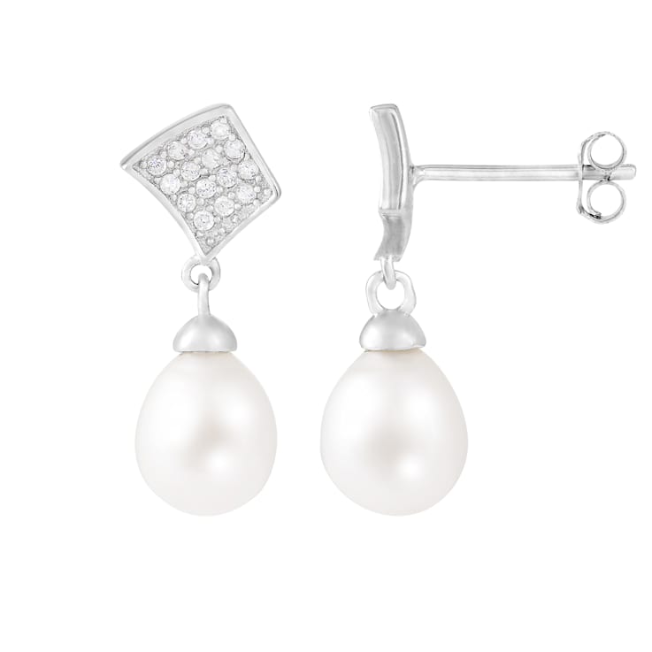 7½-8mm White Cultured Freshwater Pearl and Cubic Zirconia Rhodium Over
Sterling Silver Earrings
