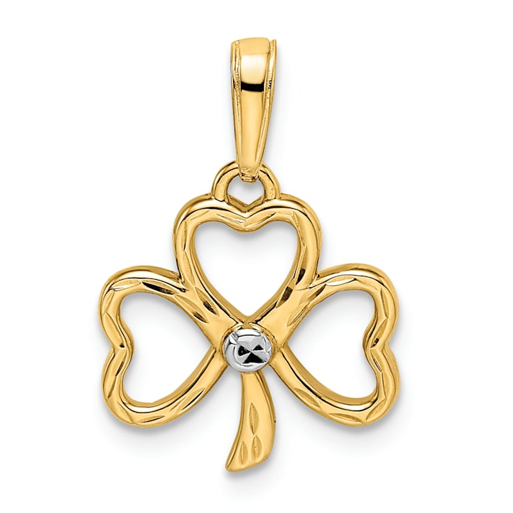 14K Yellow Gold with White Rhodium Diamond-Cut Clover Pendant