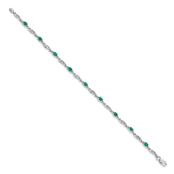 Rhodium Over 10k White Gold Diamond and Green Emerald Bracelet