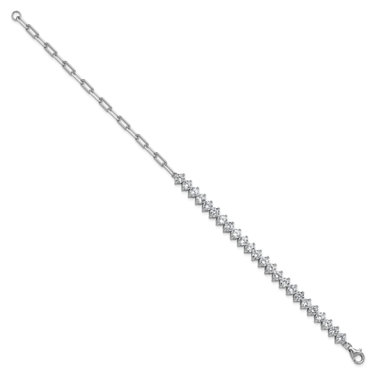 Rhodium Over Sterling Silver Fancy Cubic Zirconia and Paperclip Link Bracelet