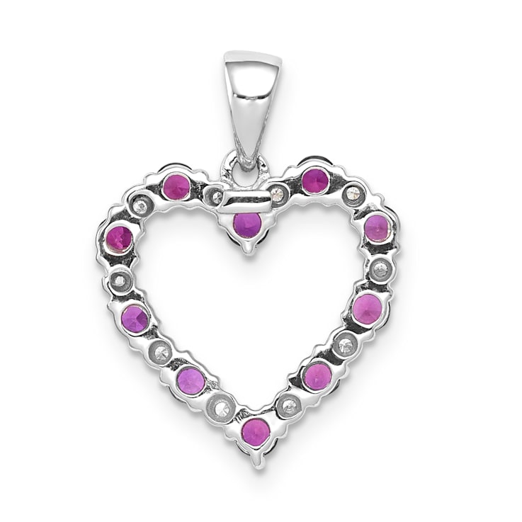 Rhodium Over 14k White Gold Diamond and Red Ruby Heart Pendant