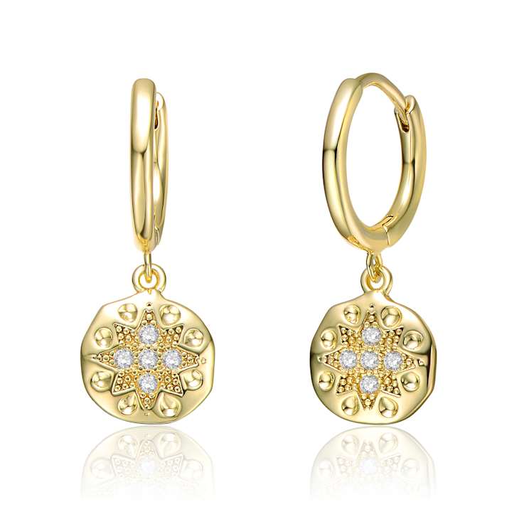 CZ Star Medallion Dangle Earrings In 14K Gold Over Brass