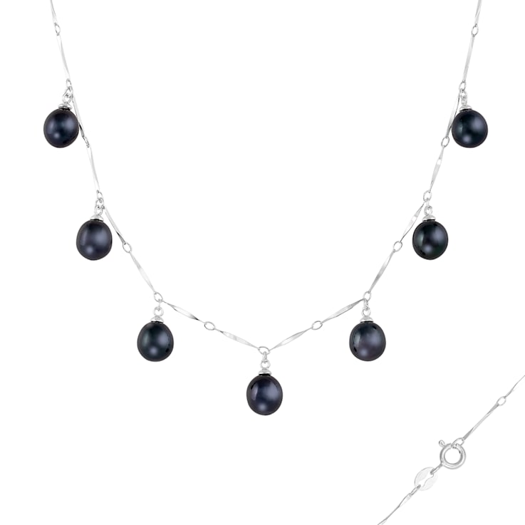 7-8mm Black Cultured Freshwater Pearl Rhodium Over Sterling Silver Necklace
