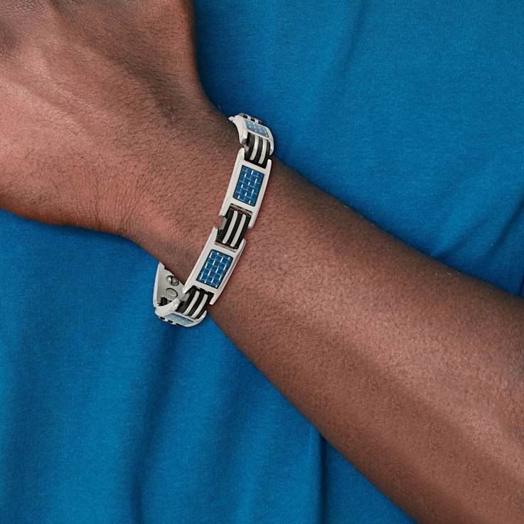 Titanium Polished with Blue Carbon Fiber Inlay & Rubber Bracelet