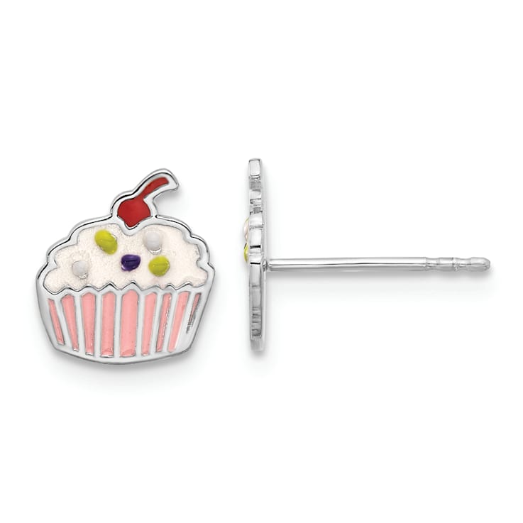 Rhodium Over Sterling Silver Enamel Cupcake Children's Post Earrings