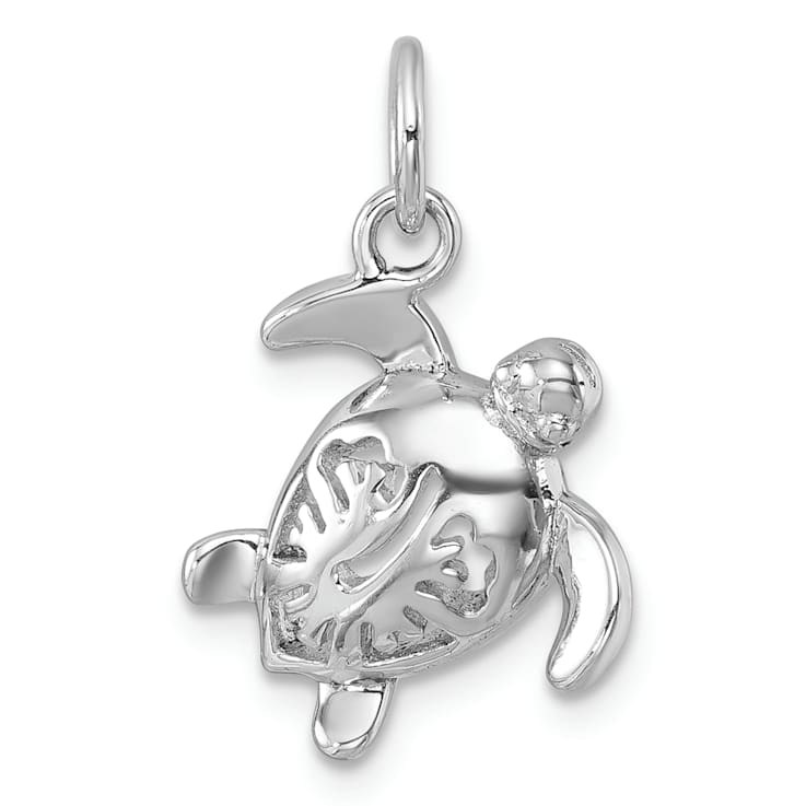 Rhodium Over Sterling Silver Tiny Turtle with Flower Back Pendant