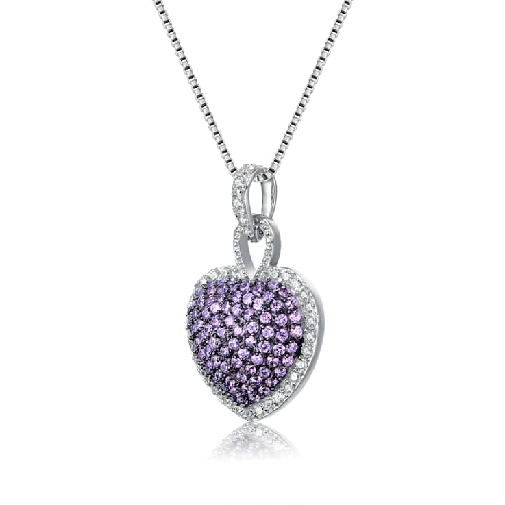 Pink CZ Pave Heart Pendant Necklace In Sterling Silver