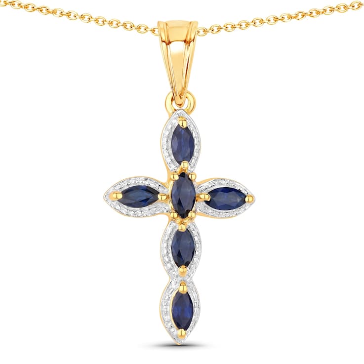Blue Sapphire 18K Yellow Gold Over Sterling Silver Cross Pendant With Chain