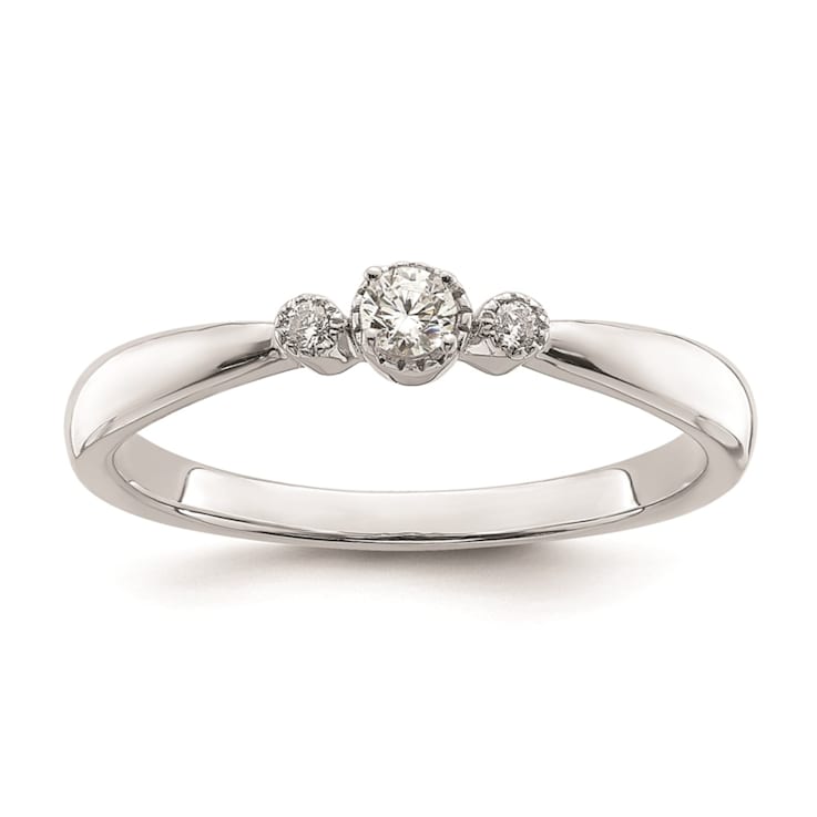 Rhodium Over 14K White Gold Petite Beaded Edge Round Diamond Ring 0.1ctw