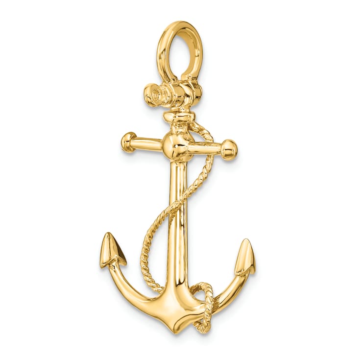 14k Yellow Gold 3D Textured Anchor with Long T Bar and Shackle Bail Pendant