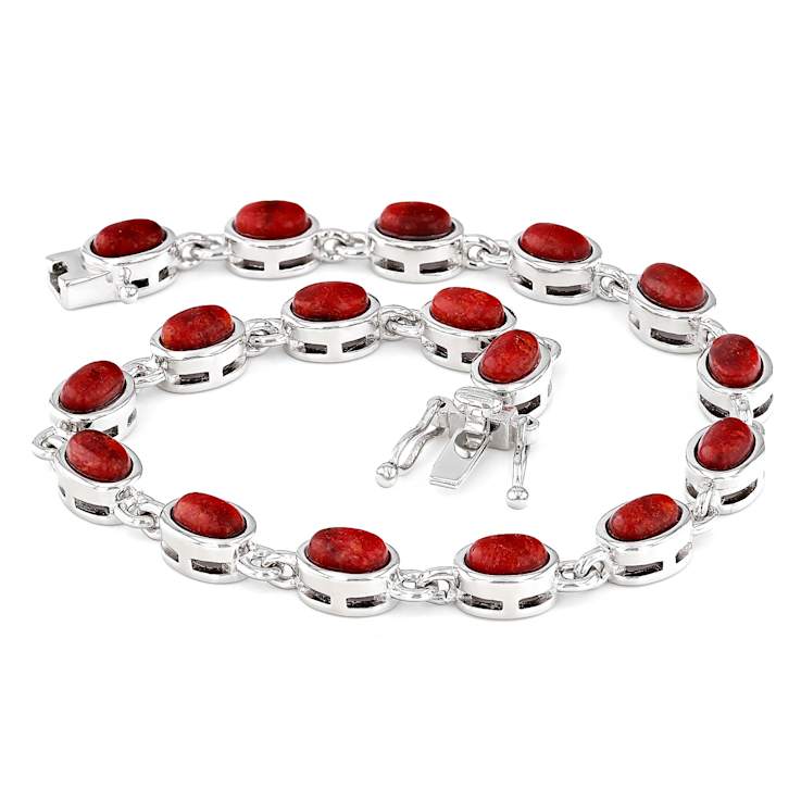 Red Coral Tennis Bracelet In Sterling Silver 6x4mm