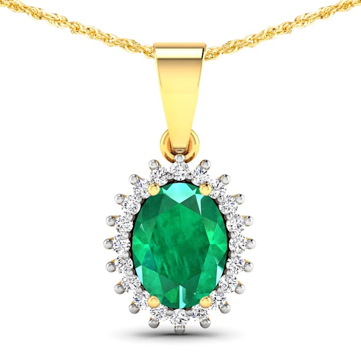 1.10ctw 14K Yellow Gold Zambian Emerald and White Diamond Pendant with
18 inch Cable Chain