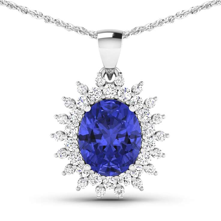 Blue Tanzanite and White Diamond 14K White Gold Halo Pendant with Cable
Chain 3.75ctw