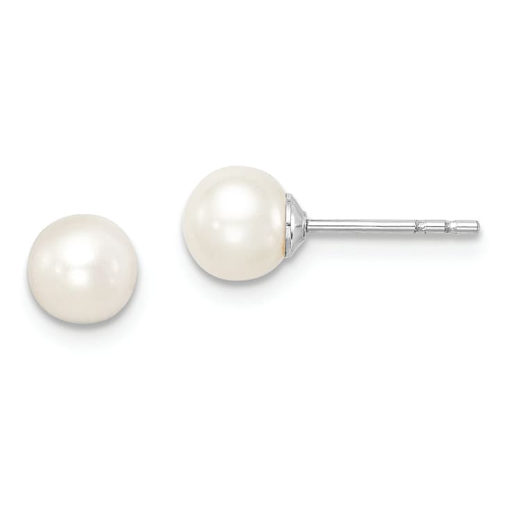 Rhodium Over Sterling Silver 5-6mm White Round FWC Pearl Stud Earrings
