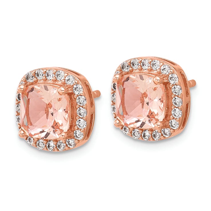 14K Rose Gold Over Sterling Silver Cubic Zirconia and Pink Glass Post Earrings