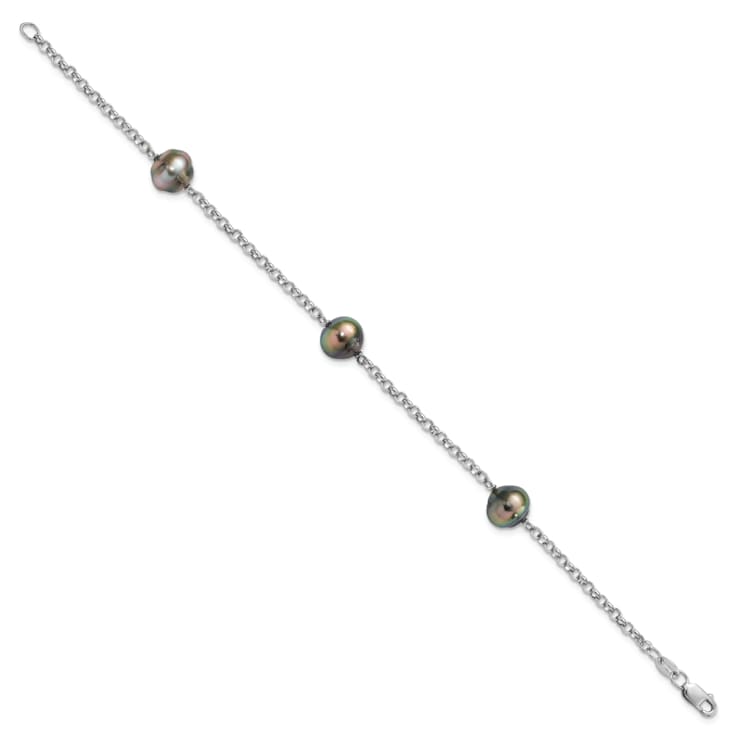 Rhodium Over Sterling Silver 8-9mm Baroque 3stat Tahit Saltwater Pearl Bracelet