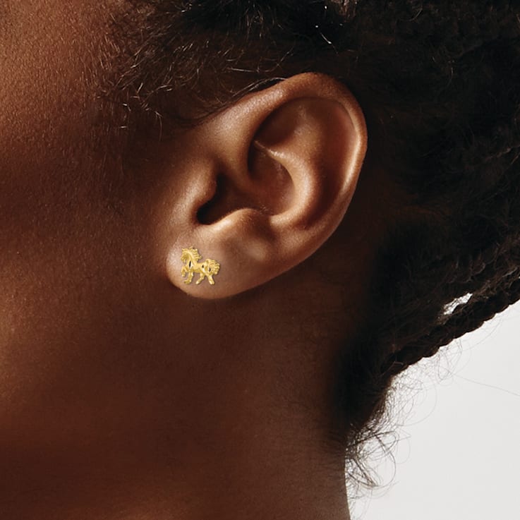 14k Yellow Gold Satin and Diamond-Cut Unicorn Stud Earrings