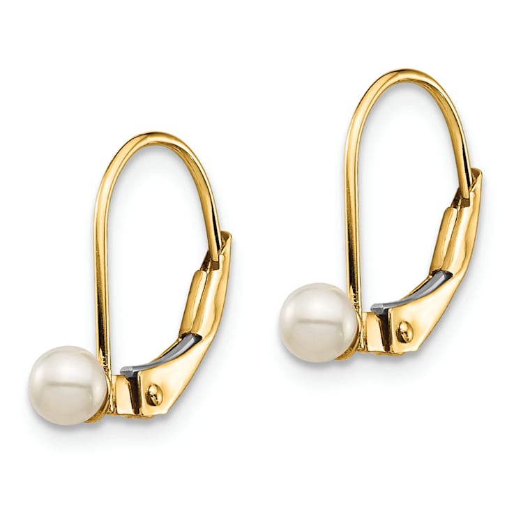 14K Yellow Gold 3-4mm White Round Freshwater Cultured Pearl Leverback Earrings