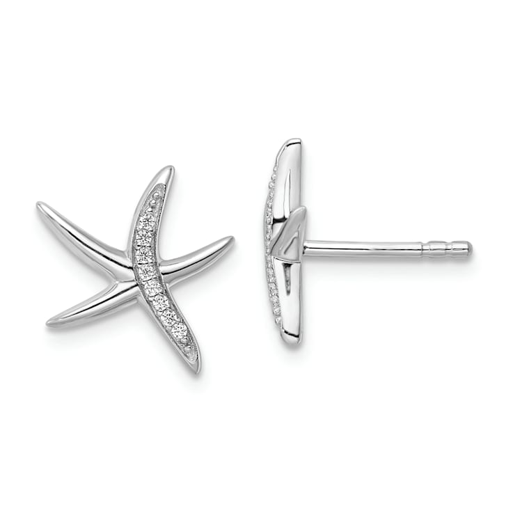 Rhodium Over Sterling Silver Cubic Zirconia Starfish Post Earrings