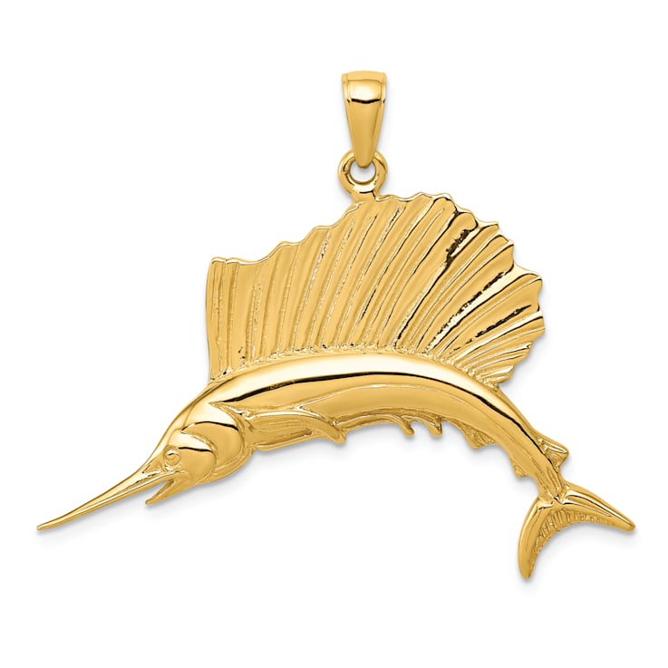 14k Yellow Gold Polished and Textured Sailfish Pendant