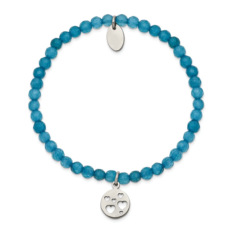 Stainless Steel Polished Hearts Blue Jade Beaded Stretch Bracelet