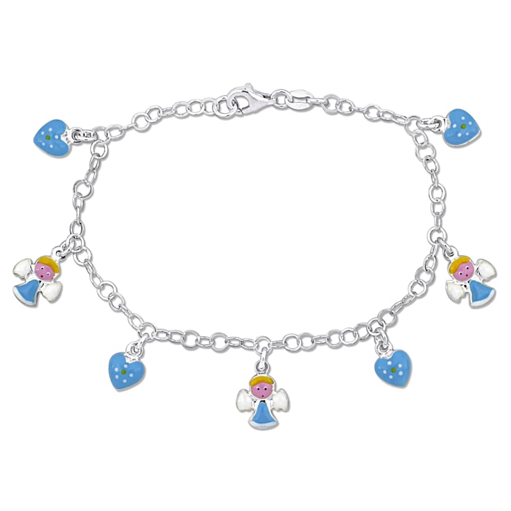 Children's Blue Enamel Heart and Angel Charm Bracelet in Sterling Silver